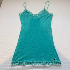 Hollister Teal Lace Trim Cami Tank Top Women’s Large Y2K Ribbed Spaghetti Strap